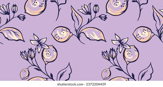 Seamless abstract simple lemon pattern.  Vector hand drawn blooming lemon branches with leaves, flowers. Modern illustration fruits print.  Summer fruits illustration for print.