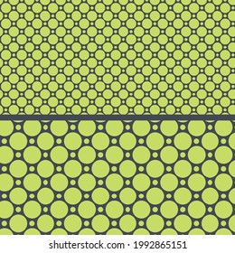 Seamless Abstract Simple Organic Pattern. Scalable Dots and Circles Pattern. Set of 2 Different Patterns made from Circle Shapes. Neon Green Background and Dark Blue Foreground.