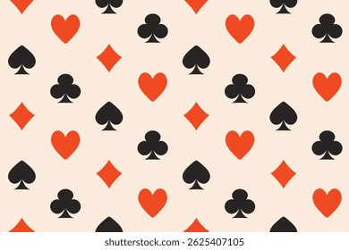 Seamless abstract simple pattern, background of playing card suits diagonally on light background, hand drawn illustration, flat style