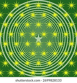 Plano de fundo de padrão de estrela abstrata sem costura. Papel de parede geométrico hipnótico verde e amarelo.