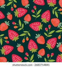 Ilustração de padrão floral de morango abstrato sem costura em design vetorial