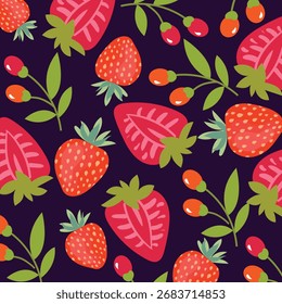 Ilustração de padrão floral de morango abstrato sem costura em design vetorial