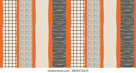 Seamless abstract stripe patterns with hand-drawn vertical lines. Modern decorative vector backgrounds. Suitable for textile, packaging, wallpaper, stationery and contemporary graphic design.