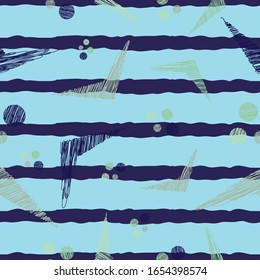 Seamless abstract striped blue pattern geometric shapes and dots repeat endless background cover texture for textile, curtains, wrapping paper, wallpapers, clothing, fashion fabric prints
