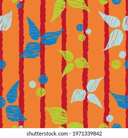 Seamless abstract striped pattern colorful petal shapes and dots repeat endless background cover texture for textile, carpets, curtains, clothing, wrapping paper, fashion fabric prints