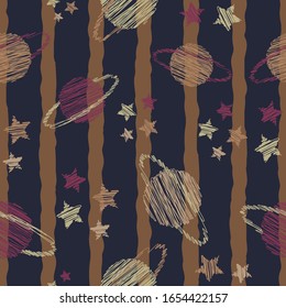 Seamless abstract striped pattern Saturn planets and stars repeat endless background cover texture for textile, clothing, wrapping paper, wallpapers, carpet, curtains, fashion fabric prints