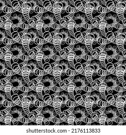 Seamless abstract structural pattern of white smooth curves on a black background.