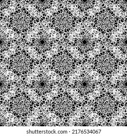 Seamless abstract structural pattern of white smooth curves on a black background.