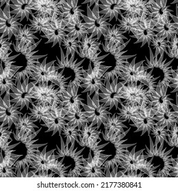 Seamless abstract structural pattern of white smooth curves on a black background.