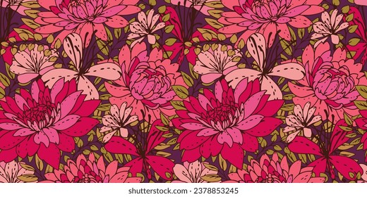 Seamless abstract stylized creative floral pattern Vector hand drawn. Blooming field of in many kinds flowers and leaves. Template for design, fashion, fabric, wallpaper, 