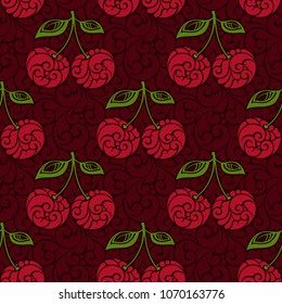 Seamless abstract summer natural pattern. Ornament with floral elements and decorative cherry beries. Colorful background