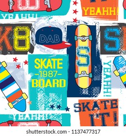 seamless abstract summer pattern with skateboard, sk8, snapback , bright colors, for textiles, prints, for boy and girl