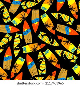Seamless abstract summer pattern with surf desk, shark, wave, for textiles, prints.