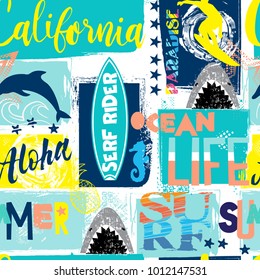 seamless abstract summer pattern with surfer, shark, dolphin, bright colors, for textiles, prints, for boy and girl