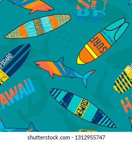 seamless abstract summer pattern with surfer, shark, dolphin, bright colors, for textiles, prints, for boy and girl