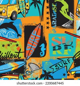 seamless abstract summer pattern with surfer, shark, dolphin, bright colors, for textiles, prints, for boy and girl