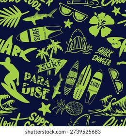 seamless abstract summer pattern with surfer, shark, dolphin, bright colors, for textiles, prints, for boy and girl