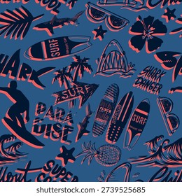 seamless abstract summer pattern with surfer, shark, dolphin, bright colors, for textiles, prints, for boy and girl