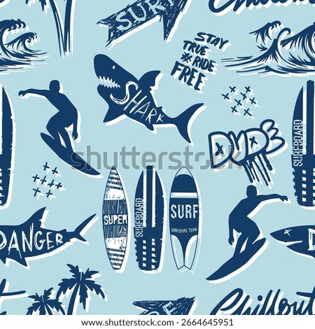 seamless abstract summer pattern with surfer, shark, dolphin, bright colors, for textiles, prints, for boy and girl