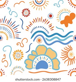 Seamless Abstract Sun and Waves Pattern, Hand Drawn Summer Vector Background