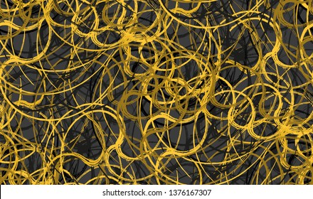 Seamless abstract swirl illuminating yellow brushes pattern, black background