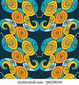 Seamless abstract symmetrical pattern on dark green background. Vector Illustration