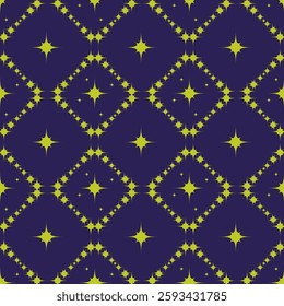 
Seamless abstract symmetrical pattern with stars forming diamonds in blue and yellow tones to decorate your designs and scenes in a symbolic style