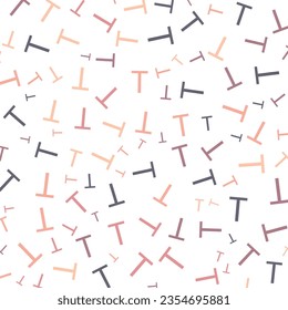 Patrón geométrico vectorial de letras T abstractas y sin inconvenientes. Cartas coloridas sobre fondo blanco. Orden aleatoria. Papel de envoltura de regalo, tela, afiche. Ropa de cama e interior. Tema escolar y de aprendizaje.