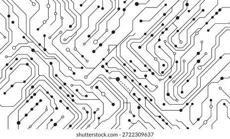 Seamless abstract technology circuit board pattern. Repetitive electronic chip texture with connection lines and dots. Endless electrical engineering design with microchip layout. Digital data network or computer hardware element. Continuous science and innovation background.