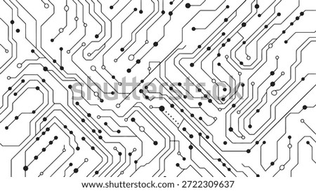 Seamless abstract technology circuit board pattern. Repetitive electronic chip texture with connection lines and dots. Endless electrical engineering design with microchip layout. Digital data network or computer hardware element. Continuous science and innovation background.