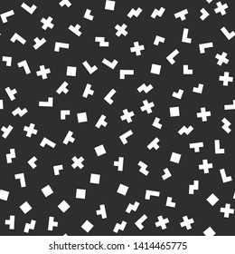 Seamless abstract tetris pattern. Black and white chaotic pixel elements. Stylish geometrical background for fabric, textile, design, ceramic.