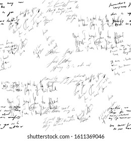 Seamless abstract text pattern. Handwritten font on a white background. Black Ink on paper. Love letter. Illegible words, diary lines. Novel, manuscript