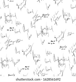 Seamless abstract text pattern. Handwritten font on a white background. Ink on paper. Love letter. Illegible words, diary manuscript
