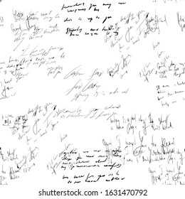 Seamless abstract text pattern. Handwritten font on a white background. Ink on paper. Love letter. Illegible words, diary lines. Novel, manuscript