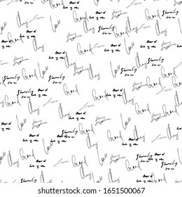 Seamless abstract text pattern. Handwritten font on a white background. Ink on paper. Love letter. Illegible words, novel, manuscript