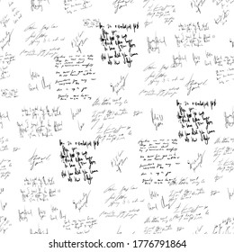 Seamless abstract text pattern. Handwritten font on a white background. Ink on paper. Love letter. Illegible words, diary lines. Novel, manuscript or prescription