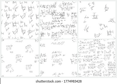 Seamless abstract text pattern set. Handwritten font on a white background. Ink on paper. Love letter. Illegible words, diary lines. Prescription