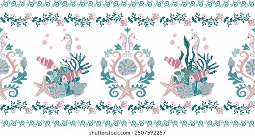 Seamless abstract textile floral border and under water world design such as starfish,seashell,seahorse, algae, coral, nemo fish,bubbles.Aquariums. Hand drawn vector illustration.