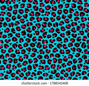 Seamless abstract textile pattern. Fashionable wild leopard print background blue red color. Modern underwater fabric print design. Stylish vector color illustration