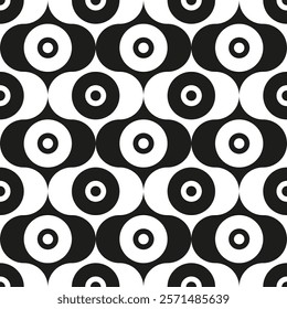 Seamless abstract textile print with circle. Geometric black white texture. Contrasting background. Repeat pattern. Modern design interior textile, wallpaper, cover, case. Large spots look like eyes.