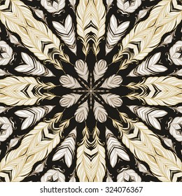 Seamless abstract texture with golden - white feathers on dark background