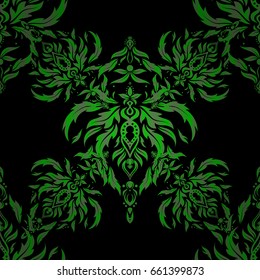 Seamless abstract texture with green repeating elements over a black backdrop. Elegant vector classic seamless pattern.