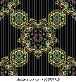 Seamless abstract texture with green and yellow repeating elements over a black backdrop. Elegant vector classic seamless pattern.