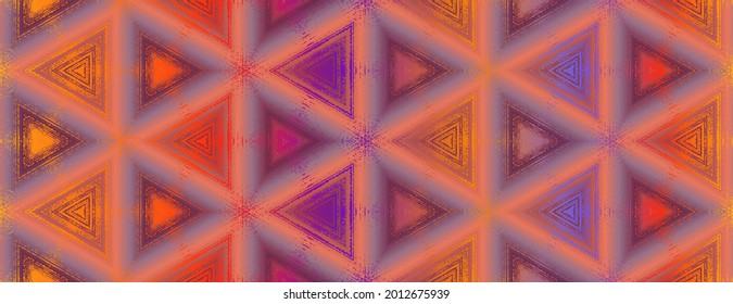 Seamless abstract texture pattern with kaleidoscope effect. Geometric ornament from triangles in purple, red, orange and yellow colors, design for poster, banner, card, wallpaper, background.