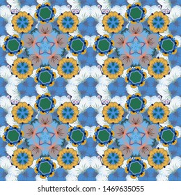 Seamless abstract texture with yellow, gray and blue repeating elements. Cute print. Elegant vector classic seamless pattern.