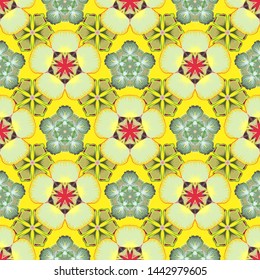 Seamless abstract texture with yellow, green and beige repeating floral elements. Elegant vector classic seamless pattern. Cute print.