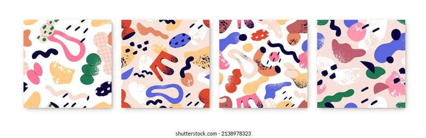 Seamless abstract textures with geometric shapes. Modern creative backgrounds set with repeating pattern. Contemporary trendy fabric designs with random elements. Colored flat vector illustrations
