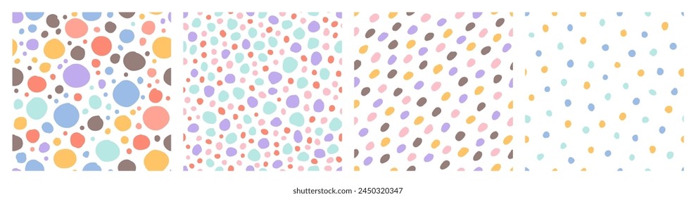 Seamless abstract textures. Trendy doodle pattern, minimalistic hand drawn elements, repeated dashes, dots and spots. Textile, wrapping paper, wallpaper design. Vector set backgrounds