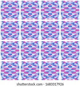 Patrón de mosaico abstracto de una variedad de formas. Fondo geométrico brillante infinito. Púrpura, lila, gris, azul. Formas aleatorias.
 Ilustración vectorial.