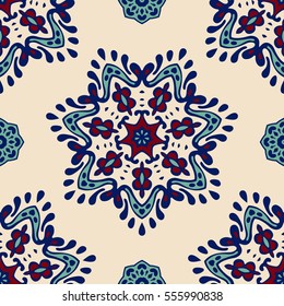 Seamless abstract tiled pattern stars and snowflakes blue, white and red vector